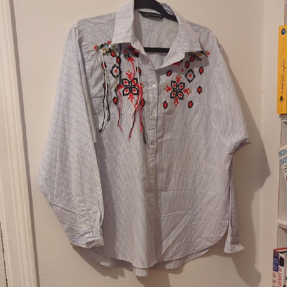 Zara Striped Button-Up Shirt with Embroidery Size S